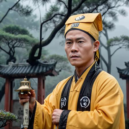 Li Lianjie (Jet Li) as a Maoshan Taoist priest in a yellow robe, standing at a gravesite, realistically portrayed. In one hand, he holds a ringing bell, traditionally used in Taoist rituals, while the other hand grips a modern microphone. The scene captures a unique blend of the ancient and the contemporary, with Li's expression conveying a mix of solemnity and charisma. The background is a misty cemetery, adding an air of mystique. The image should emphasize the realistic textures of the Taoist robe, the aged bell, and the sleek modernity of the microphone <lora:dosifuku:0.7>,   (hat),