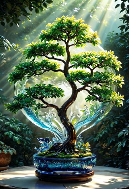 Bonsai tree made from glass, beautiful garden, dappled sunlight, 3D render, highly detailed, realistic textures, vibrant colors, tranquil atmosphere. 
masterpiece digital art, by artgerm and thomas kinkade, 8k resolution, cinematic lighting, 
digital, illustrative, double exposure, fantasy, 
beautiful, painterly, textural, artistic, aesthetic, 
intricate details, highly detailed, ultra-detailed, absurdres, vivid, vibrant, volumetric lighting, 
aid291, midjourneyv6.1, 
murano_glass_style