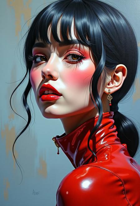 breathtaking alla prima oil painting, abstract model in latex shiny outfit  avant-garde, close up, alla prima style, oil on linen, painterly oil on canvas, painterly style, exquisite composition and lighting, modern painterly masterpiece, by alexi zaitsev, award-winning painterly alla prima oil painting.
Overall, it's an absolute world-class masterpiece oil painting. It's an aesthetically pleasing oil painting with impeccable attention to detail and impressive composition.