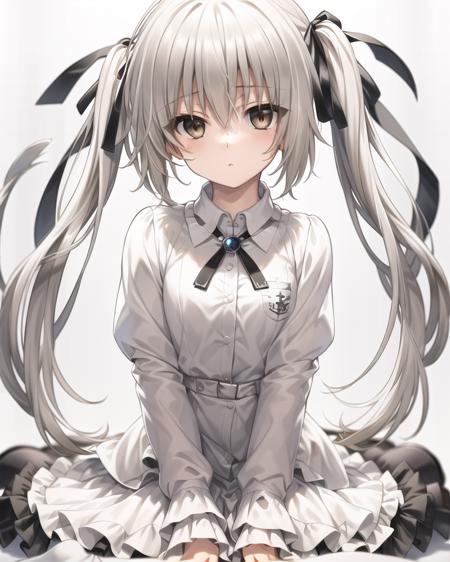 detailed,masterpiece,ultra-detailed,(solo),(1girl),(Delicate eyes),(white background:1.3), kasugano sora , twintails,hair_ribbon,ribbon, very_long_hair,brown eyes,silver hair,(wariza:1.2), white dress,