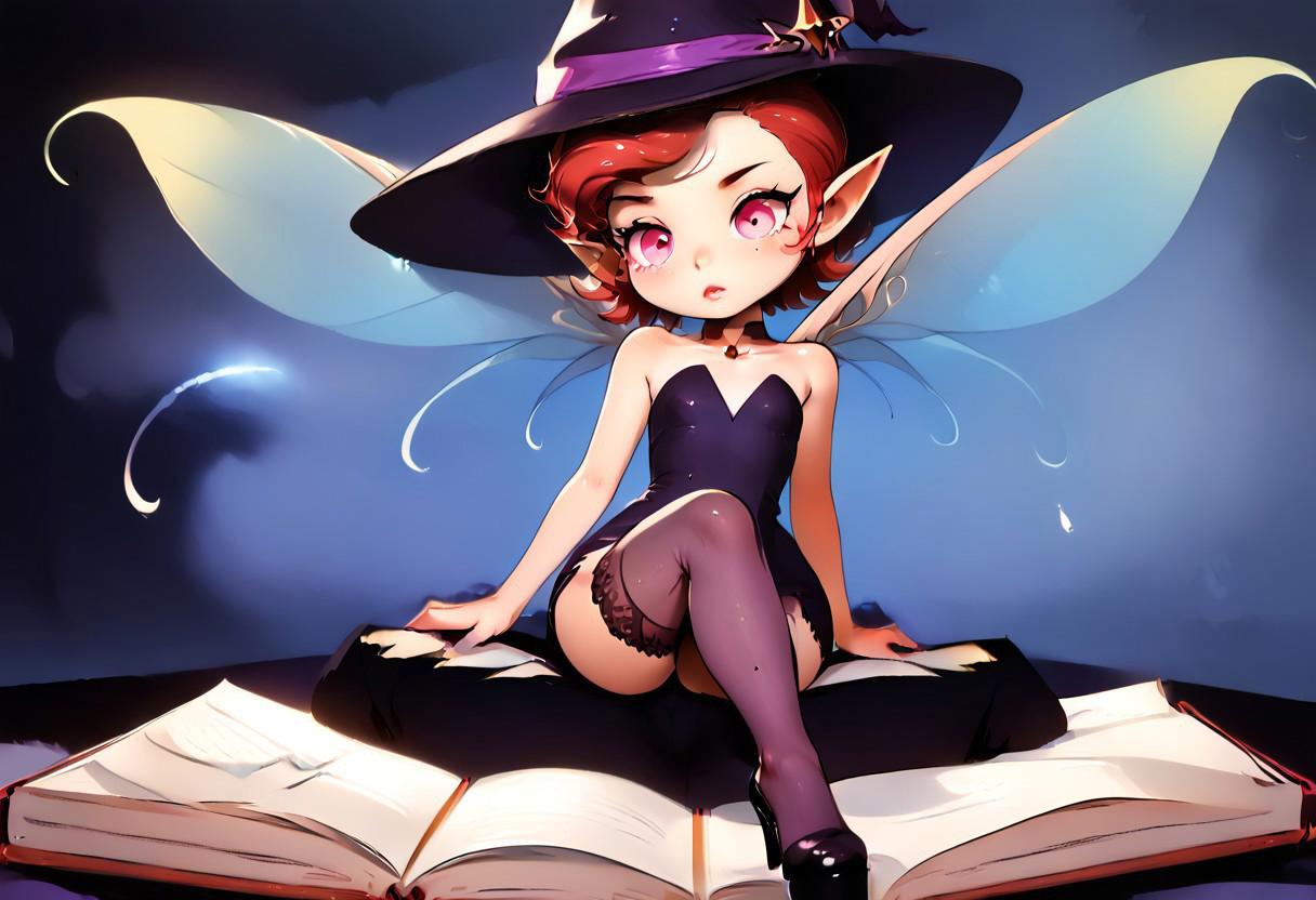 score_9, score_8_up, score_7_up, raw lighting, overexposed, harsh flash, nf,2d, anime, 1girl, solo, pixieSMT, short hair, pointy ears,fairy wings, young witch, malnourished, skinny, shortstack, flat chest, sheer short dress, oversized witch hat, lace stockings, thigh high heels, BREAK, sitting, legs crossed, reading book,