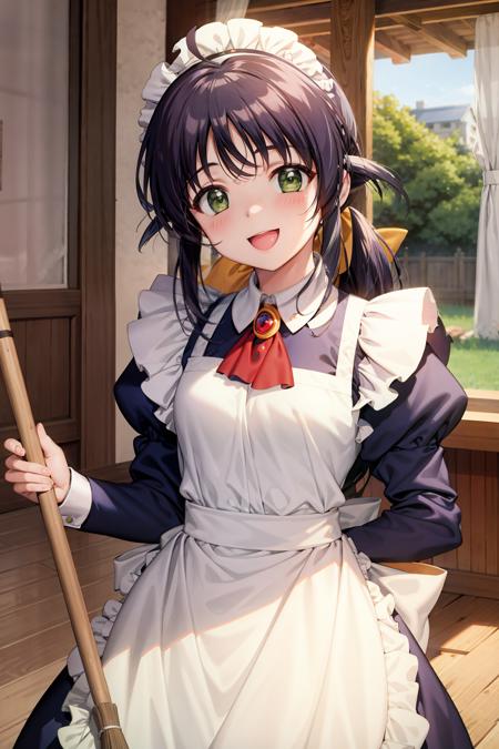 masterpiece, best quality,andou mahoro, 1girl, solo, maid, ahoge,open mouth, smile, maid headdress, long hair, holding, broom, long sleeves, bow, upper body, apron, hair bow, green eyes, looking at viewer, brooch, ascot, holding broom,(kbxll:0.4)