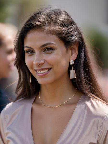 Realistic photo of a beautiful m0r3n4b woman,1girl,solo,long hair,looking at viewer,smile,shirt,black hair,upper body,earrings,teeth,grin,blurry,lips,blurry background,piercing,ear piercing,portrait,realistic,soft lighting, professional Photography, Photorealistic, detailed, RAW, analog, sharp focus, 8k, HD, high quality, masterpiece<lora:m0r3n4b:1.0>