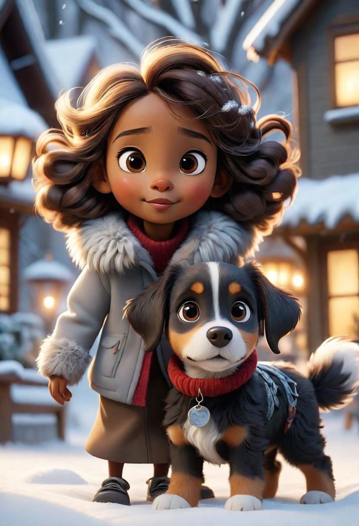Create a heartwarming narrative that revolves around the most adorable fluffy cartoon {black|grey|brown} dog girl, as he e...