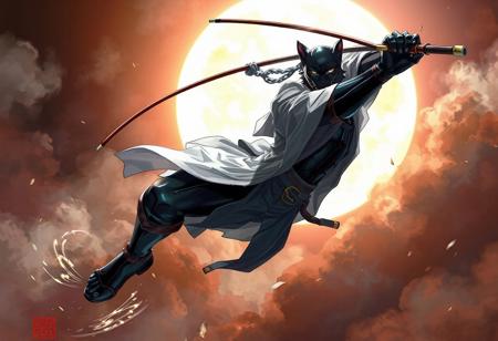 "Illustration of the armed samurai Ben Kei black panther with a clear outfit design, in a dramatic floating pose with a whip, showcasing official details and a fighting posture. From 2018, featuring top light, a stomping foot, and Marvel Japan coloring. High-resolution, 4K, and 8K versions available. Stunning colors, lifelike details, and a handcrafted, high-quality finish. Vivid emotions, dynamic action, and captivating lighting. Trending on Artstation and CGSociety. Inspired by the styles of Raphael, Houdini, and Frank Frazetta."