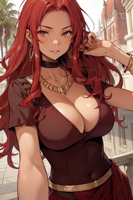 AuraCapua, 1girl, solo, long hair, large breasts, cleavage, jewelry, red hair, necklace