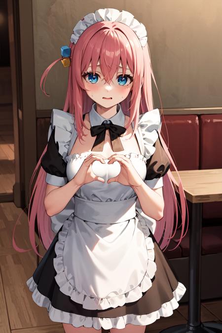 masterpiece, best quality, highres, gotou1, gotou hitori, solo, bangs, hair between eyes, short sleeves, maid, maid headdress, medium breasts, <lora:gotou_hitori_v1:0.7>, standing, restaurant, heart, heart hands, shaded face, sweatdrop, cowboy shot,