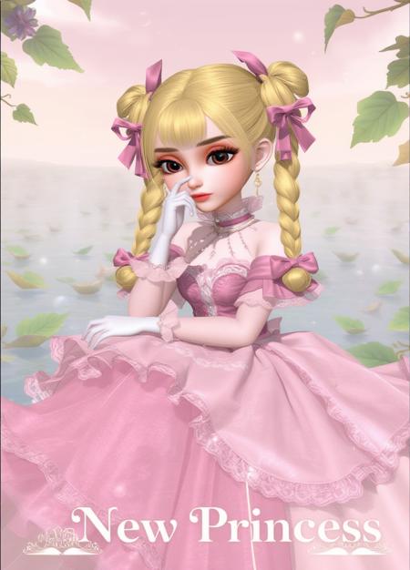 3d Princess, masterpiece full of details. This is a digital art image featuring Pink Ribbon character Walz from the video game "Infinity NIKKI." Walz has long, blonde twin braided pigtails, soft pink skin, and pink-red eyes. She wears an elaborate, pink gown adorned with lace and ribbons, sitting with one hand near her face, casting a contemplative look. The background depicts a bright, fairy-tale-like pond surrounded by floating leaves and bubbles, under pastel skies. The bottom text reads "New Princess" in white serif font, with a whimsical style. The overall aesthetic is cute, delicate, and fantasy-inspired,dreamy atomospher