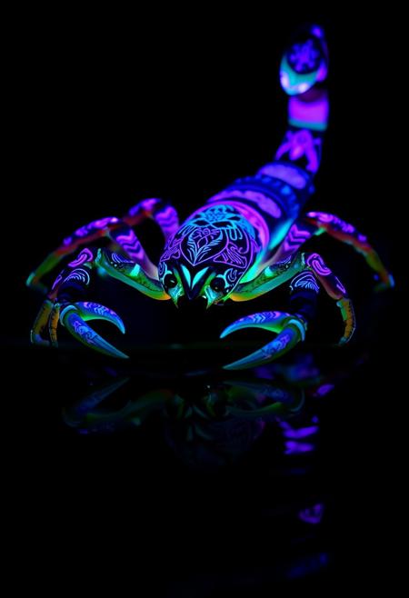 A [scorpion] adorned with bioluminescent Aztec pattern tattoos, glowing brightly against the black backdrop. The intricate patterns of the tattoos illuminate in vibrant hues of [purple] and [pink], casting an ethereal light around the [scorpion]. The scene is both mystical and captivating, with the bioluminescence highlighting the [insert]'s natural grace and strength. The scene is reflected in the rippling water below.