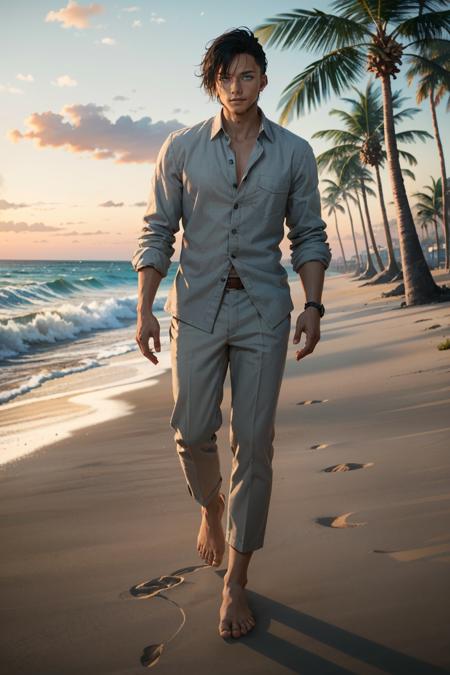 ((ultra detailed, masterpiece, best quality))
 <lora:CyberSandayuOda:0.8>
CyberSandayuOda, 1boy, solo, black hair, blue eyes, handsome, muscular, On a sandy beach with a sophisticated twist, linen suit with an unbuttoned shirt, ocean waves and palm trees, walking barefoot in the sand