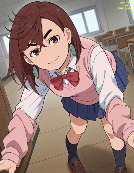 <lora:momo-ayase-leak-ponyxl-lora-nochekaiser:1>, momo ayase, short hair, brown hair, brown eyes, bangs, thick eyebrows, skirt, school uniform, pleated skirt, shoes, socks, loafers, sweater vest, pink sweater, shirt, white shirt, collared shirt, earrings, green earrings,