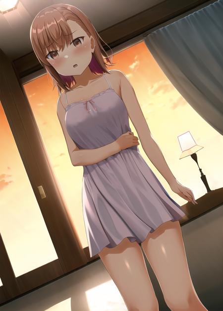 misaka mikoto,1girl, solo, sundress, best quality, tsundere, medium breasts, ray tracing, cinematic lighting, chiaroscuro, depth of field, caustics, absurdres,