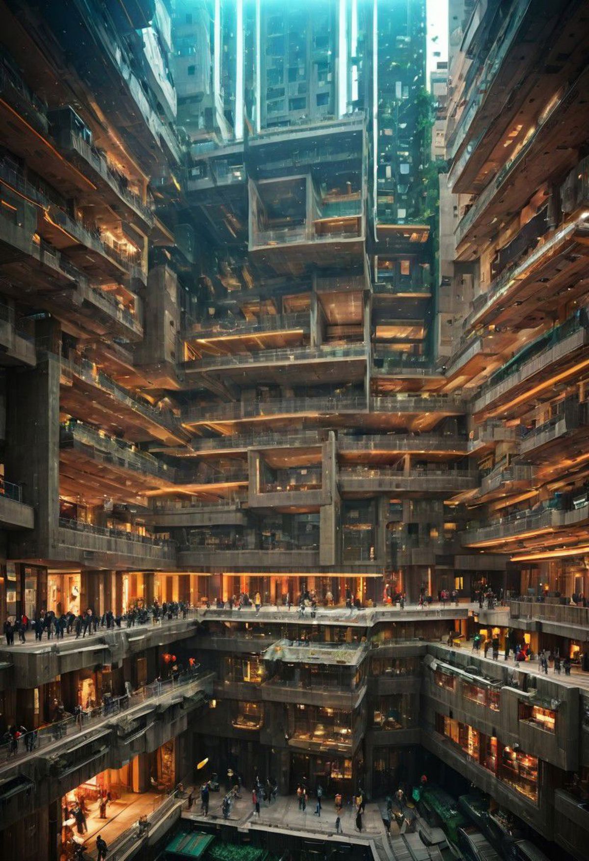A large group of people in a multi-story building.