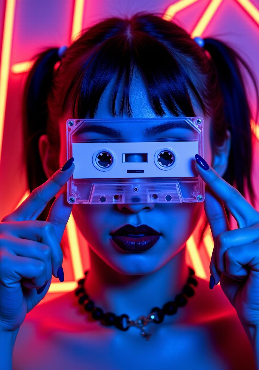 A close-up of a woman holding a transparent cassette tape in front of her face. The cassette is positioned perfectly in the center, directly in front of her eyes, obscuring her facial features. Her nails are painted dark blue, and she is gripping the edges of the cassette with both hands. lips are painted dark, and she is wearing a black choker with a silver ring in the center. Her hair is styled into short black pigtails, with some strands falling over her forehead. The lighting is vibrant and neon, casting shades of red, blue, and purple across her face, hands, and the cassette tape. The background is a mix of abstract neon lights, featuring bold and glowing red and blue lines, creating a dynamic, futuristic atmosphere.