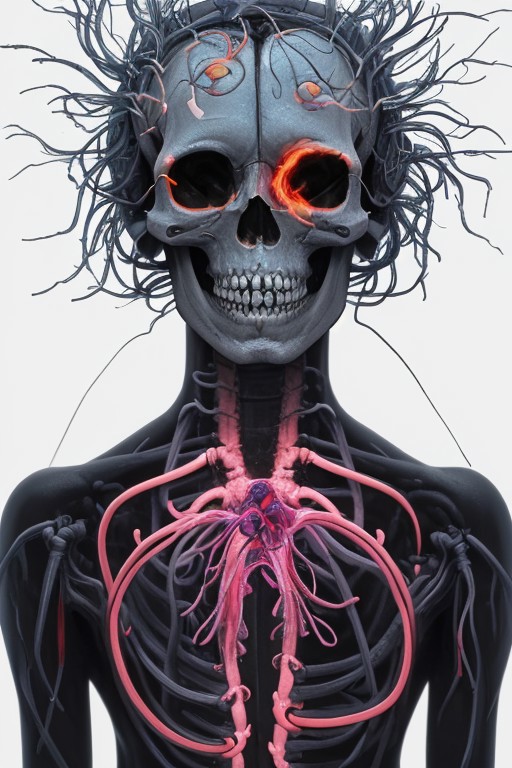 A man drowning inside his own mind. FRONT VIEW. Subliminal messaging, Horror, neon-colored brain scan aesthetic on white background. the figure of a skull is seen inside the brain scan. Psychedelic brain scan. Horror, Vibrant, glowing neural pathways Abstract, futuristic aesthetic. Style mimics bioluminescence art. Sharp contrast between vivid colors and deep black background. realistic rendering of brain lobe. Conveys sense of brain death, cognitive decline, and mental degradation. Sharp jagged teeth. Horror theme.