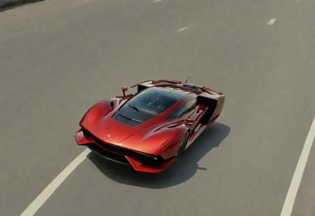 photo of red hover (2020's sports car), nowheels, science fiction, scifi, futuristic, city, paved road, flying over other cars