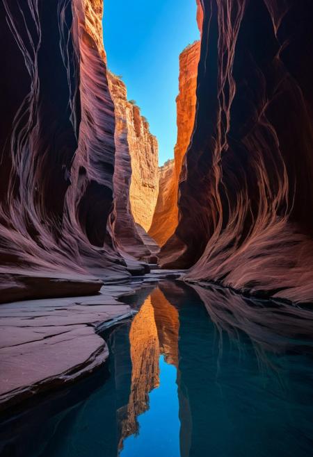 photography of a narrow canyon with smooth, curved rock walls of red, orange, and yellow hues. The walls converge at the top, forming a narrow opening to the bright blue sky. At the bottom of the canyon, there is a pool of water that reflects the colors of the canyon walls. The water is still and clear, and the reflection is vivid and detailed. The overall effect is one of beauty and serenity. The image is likely taken from the perspective of a photographer looking upwards into the canyon.
BREAK,
masterpiece, best quality, double exposure, realistic, whimsical, fantastic, intricate detailed, maximalist style, psychedelic, photorealistic, sharp focus, harmony, serenity, tranquility, halation, cozy ambient lighting, dynamic lighting, mentixis, metix, linquivera, liiv1, award winning,