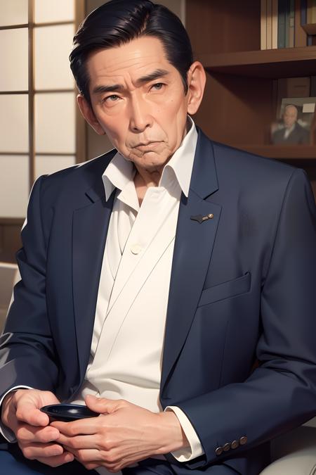 1 oldman, Fujita_Makoto, ((Japan Faces, Japan actors, Cool old man, 70yo)), Black hair, Black eyes, Dark-blue jacket, white collared shirt, no necktie, Dark-blue slacks, Black socks, Black leather shoes, 