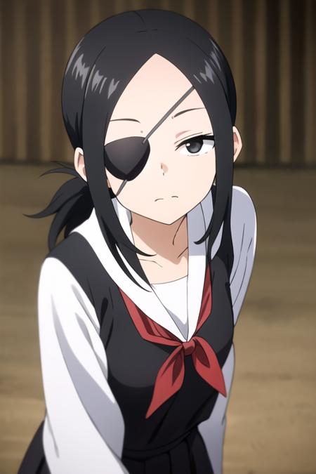 masterpiece, best quality, <lora:kunoichi_aogiri:0.7>  kunoichi_aogiri, 1girl, solo, black eyes, eyepatch, black hair, folded ponytail, looking at viewer,  serafuku, sailor collar, red neckerchief,  delicated ilumination