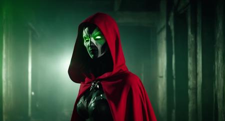 Dark Moody Atmosphere, (Cinematic Film stock footage style) in (arri alexa style) (Kodak film print style),
 <lora:Spawn:1>
Spawn a woman in a living symbiotic costume with a red cape and a black and white mask and green glowing eyes, dramatic, mysterious, dark moody atmosphere