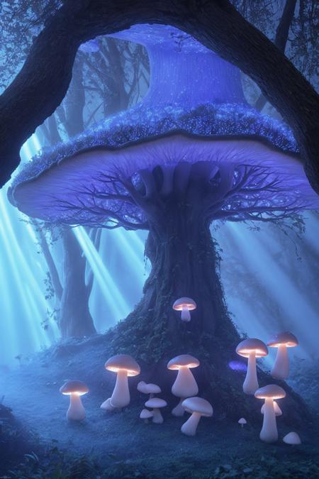 misty enchanted forest, glowing mushrooms scattered on the forest floor, ancient trees with twisting branches, soft blue and purple lighting, gentle fog rays through trees, fantasy magical vibe, high detail forest floor