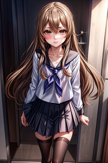 (masterpiece, best quality), <lora:aisaka taiga-lora-Faxtron:0.8> aisaka taiga, long hair, brown hair, hair between eyes, brown eyes, 1girl, looking at viewer, blush, bangs, shirt, thighhighs, long sleeves, school uniform, collarbone, pleated skirt, serafuku, black thighhighs, black skirt, sailor collar, zettai ryouiki, neckerchief, black shirt, black sailor collar, black serafuku, white neckerchief, 
<lora:add_detail:0.8>,