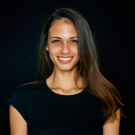 portrait photo of T1T0N, looking at viewer, straight hair, glamour makeup, smiling, black shirt, black background, shot on Kodak Portra 400 film