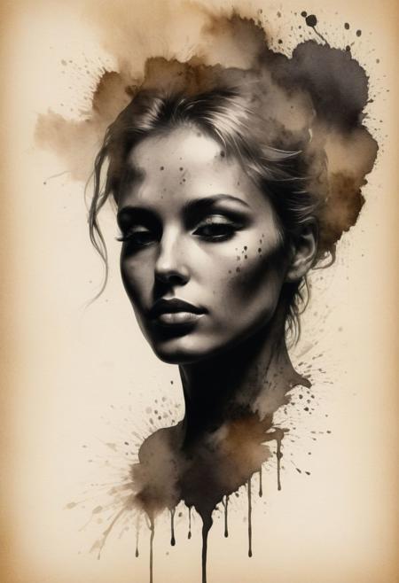 visual art painting of a beautiful face, (((silhouette))), Inkstains, Rembrandt Lighting Style