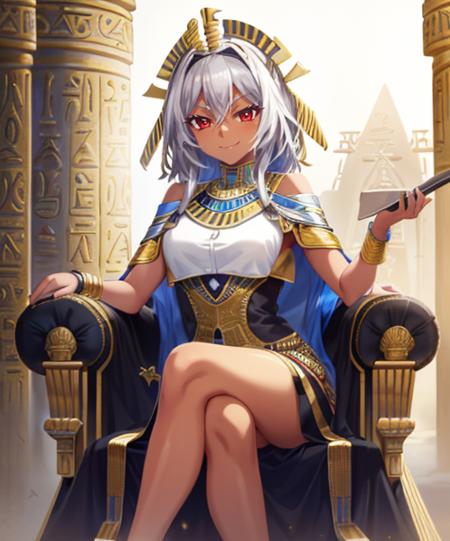 (adult woman), (1girl, solo), sitting on a throne, crossed legs, ((egyptian, pharaoh, dark skin)), (mischievous smirk, seductive smile), (silver hair), (red eyes), ((eqyptian temple)), ((best quality, high detail)), ((masterpiece)),  <lora:1_izumitsubasa_4e:1>