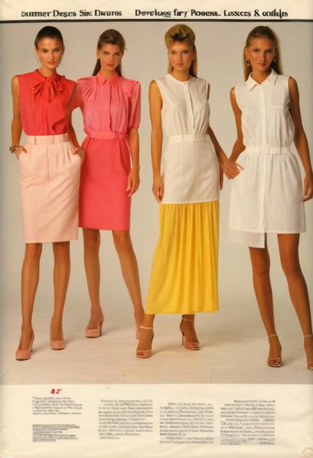 a complete page taken from a mailorder catalog from summer 1987, 
contemporary page design with product descriptions, 
3-5 female catalog models are presenting contemporary dresses and skirts and blouses and other summer clothing from 1987