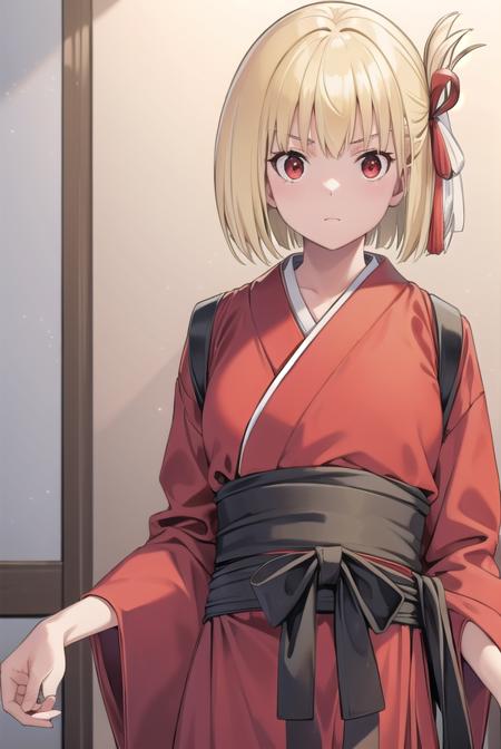 chisatonishikigi, <lora:chisatonishikigichickeiii-lora-nochekaiser:1>, 
nishikigi chisato, short hair, bangs, blonde hair, (red eyes:1.5), hair ribbon, one side up, bob cut,
BREAK japanese clothes, kimono, apron, red ribbon, waitress, red kimono,
BREAK indoors, cafe,
BREAK looking at viewer, (cowboy shot:1.5),
BREAK <lyco:GoodHands-beta2:1>, (masterpiece:1.2), best quality, high resolution, unity 8k wallpaper, (illustration:0.8), (beautiful detailed eyes:1.6), extremely detailed face, perfect lighting, extremely detailed CG, (perfect hands, perfect anatomy),