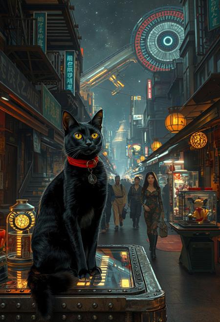Setting is a futuristic cyberpunk street market at night, the market is comprised of street vendors selling robot parts, food, weapons, and robots.  (((((CLASSICALLY STYLIZED LIGHTING AND ARCHITECTURE FROM CHINA INDIA JAPAN FRANCE EGYPT ROME AND GREECE))))), anthropomorphic cat people wearing futuristic cyberpunk clothing are walking through the street market shopping and eating, A sleek black cat with red collar sits on a cluttered metal riveted desk with transparent top and micro-LED lighted computer components visible inside, On the desk is an ebony and gold maneki neko statue and futuristic art deco lighting, (((a beautiful female anthropomorphic cat person, 24 years old, is standing in the foreground FACING THE VIEWER, she has an expression of interested curiosity)))))), the sleek black cat with red collar is sitting on the desk and watching the anthropomorphic cat person walking by in the busy street market, the anthropomorphic cat person is dressed in futuristic cyberpunk ECLECTIC style yukata with a low neck line alluring aesthetic. An enormous art deco inspired starship with futuristic lighting and an enormous space station are visible in the background among the stars, The anthropomorphic cat person fur is medium long. Artistic cyberpunk, dynamic perspective, (((overall architectural aesthetic is Art Deco Cyberpunk))).  Epic image that elicits a feeling of wonder and awe,