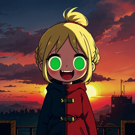 chibi girl , laughing mischievous, slim, slender, (spoken love), wearing a red labcoat over a power armor, synthwave sunset, blonde messy bun, green eyes, beksinski, (flat colors), (extremely annoying immature:1.1)