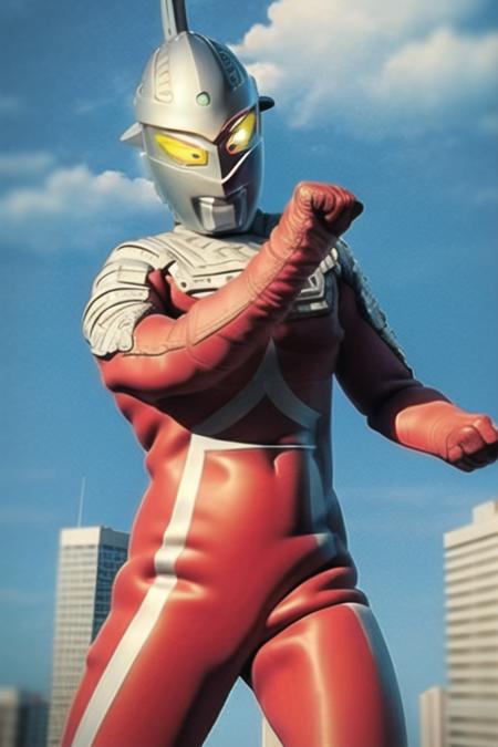 Best quality, masterpiece,
1boy, <lora:UltraSeven:1>, UltraSeven, astronaut, bodysuit, colored_skin, giant, gloves, glowing, helmet, pilot_suit, red_bodysuit, red_gloves, space_helmet, spacesuit, yellow_eyes, realistic, solo,
a giant in city, fighting stance,