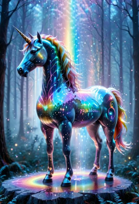 lazympos, h4v_h0l0, holographic unicorn with horn made of starlight filaments and rainbow refractions, standing in a cracked lightscape, fog swirling with rainbow particles, fairy forest