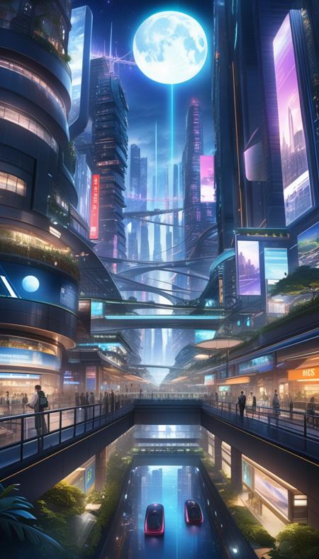 A highly detailed, cinematic concept art image of a futuristic cityscape at night. Depict a sprawling metropolis with towering skyscrapers, neon lights, and a constant stream of air traffic. Include hints of flying cars and airships seamlessly integrated into the urban landscape. Show a diverse population of humans and robots coexisting harmoniously, with holographic advertisements and digital billboards adding to the vibrant atmosphere. Envision intricate bridges and elevated walkways connecting different parts of the city, with lush rooftop gardens and urban green spaces scattered throughout. Portray a sense of technological advancement and harmony between nature and technology, with a distant view of a glowing moon and a clear starry sky above. Use a realistic painting style with vivid colors, sharp details, and an emphasis on atmospheric lighting.