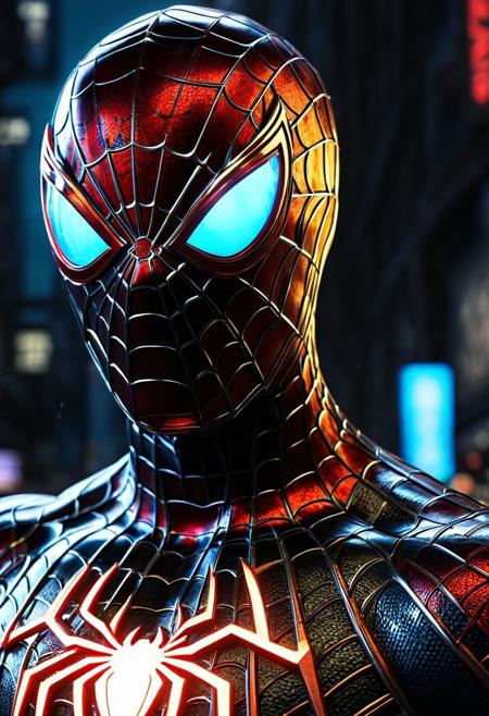 spiderman made out of metal, highlighted metal, glowing emblem,cyberpunk style, realistic, highly detailed, 8k, super realistic