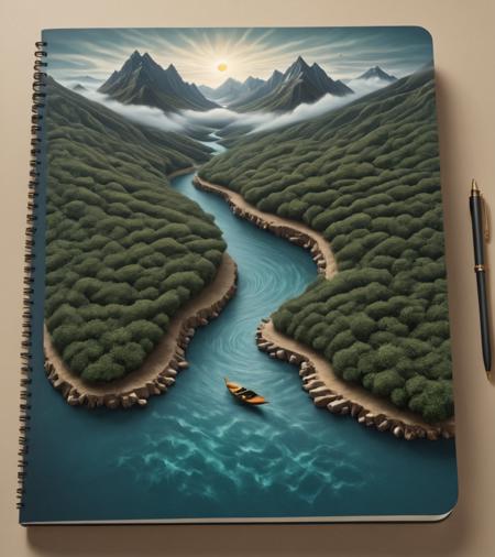 Surrealist art <lora:Book_FFusion_32:1> 3d notebook with river . Dreamlike, mysterious, provocative, symbolic, intricate, detailed