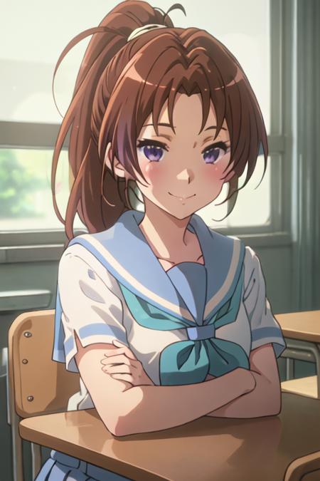 best quality, masterpiece, highres, solo, {nakagawa_natsuki_soundeuphonium:1.15}, brown_hair, ponytail, long_hair, purple_eyes, blush, serafuku, closed_mouth, indoors, bangs, 1girl, blue_sailor_collar, kitauji_high_school_uniform, looking_at_viewer, sailor_collar, school_uniform, smile