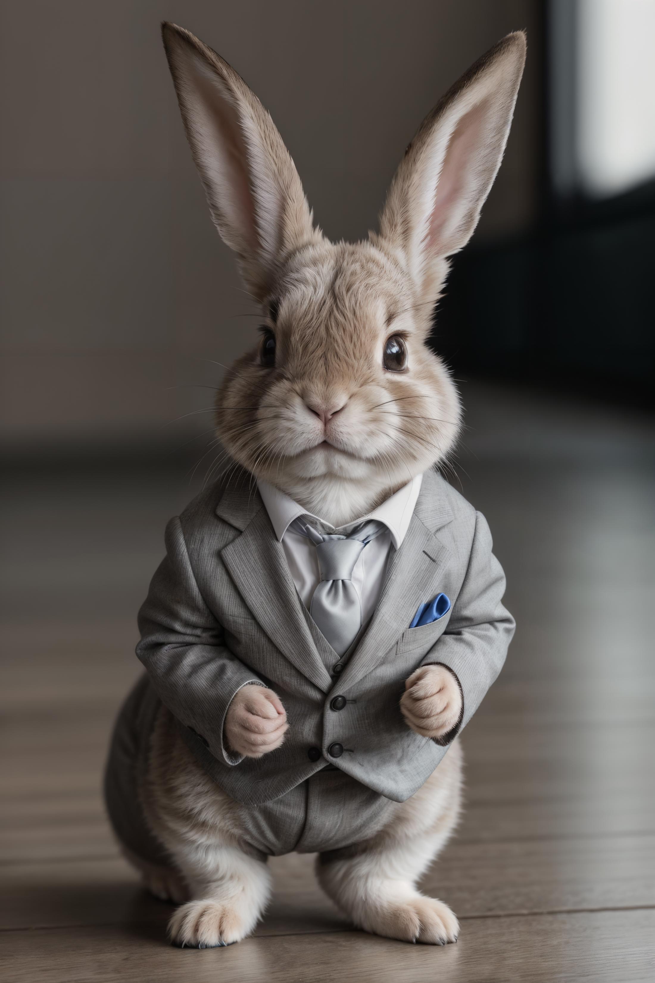 A small, well-dressed bunny in a gray suit and tie stands on a wooden floor.