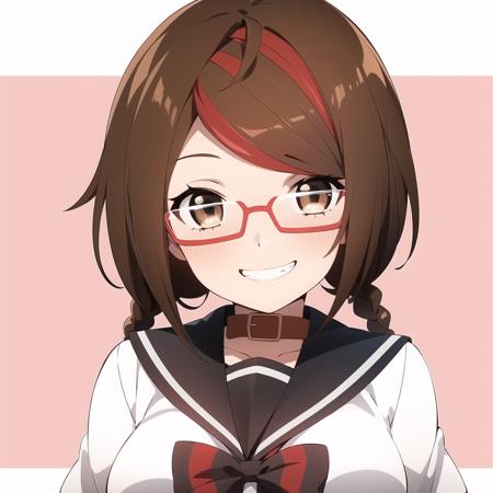 1girl, solo, braid, brown hair, glasses, collar, school uniform,brown eyes,twintails,striped bow,multicolored hair, upper body <lora:MisakiSakimiya:0.6>, smile, grin