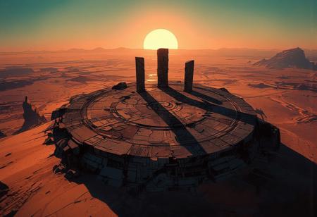 We are on Mars. Aerial view from a great height of a massive circular stone platform, several hundred meters in circumference, half-buried by the desert sands, evoking a spiritual and extraterrestrial site. In the distance, rocks and rocky spurs can be seen at regular intervals. The sun is setting, casting long shadows over the desert.
There are five sculpted megaliths, reminiscent of extraterrestrial obelisks. They are weathered by centuries of Martian storms. The scene is stunning, bathed in the warm glow of the Martian sunset, with a slight haze of dust in the air. The colors are predominantly blue and orange.