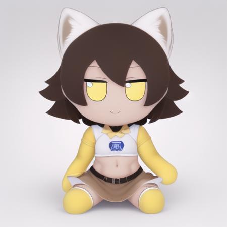 coyo, 1girl, ((solo)), animal ears, shirt, short hair, beige hair, virtual youtuber, yellow gloves, yellow eyes, coyote ears, tail, beige pleated skirt, coyote girl, coyote tail, white sleeveless crop top, jacket, white necktie, green boots, white belt, white choker, spaghetti strap, bare shoulders, long sleeves, navel, midriff, hair between eyes, collarbone, open jacket, asymmetrical legwear, american flag, dark skin, bra strap, paw print soles, shirt writing, dark brown jacket, (fumo, deka fumo, version 1)