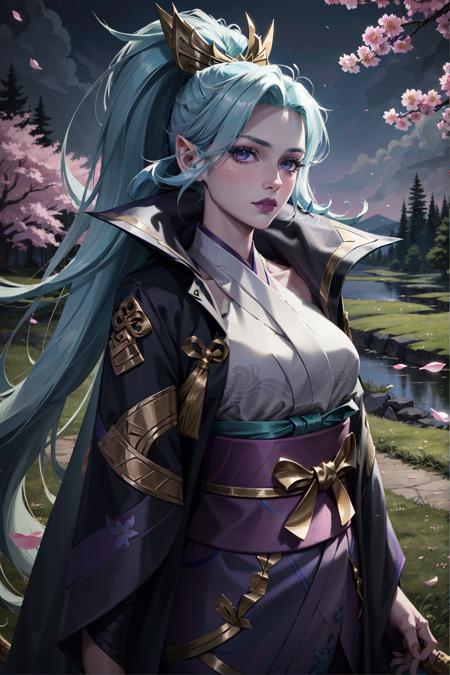 spirit blossom vayne, 1girl, kimono, hair ornament, detailed face, looking at viewer, upper body, cowboy shot, forest, dark, night, purple light, petal, cherry blossoms, (masterpiece:1.2, best quality)