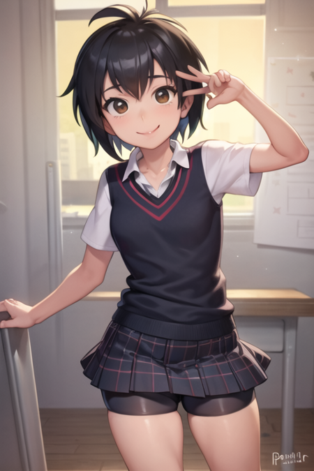 masterpiece, best quality, <lora:PeniLora-10:0.7>, peni parker, school uniform, plaid skirt, bike shorts, shirt, smile,