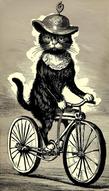 <lora:vntg-line-art-v2:1> vntg, line-art cat in a hat on a bike