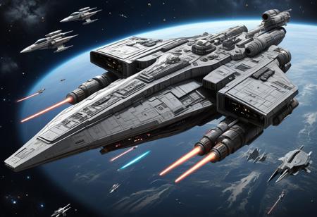 Create a detailed and epic sci-fi illustration of a massive capital starship that combines the iconic design elements of a Star Wars capital ship with the rugged, utilitarian aesthetic of a 20th-century destroyer. The ship should feature a sleek yet heavily armored hull, with multiple turret-mounted cannons and torpedo launchers positioned on both the top and bottom sections. Include hangar bays for fighter craft, seamlessly integrated into the design, with visible activity such as fighters launching or landing. The overall atmosphere should be a blend of futuristic technology and retro military vibes, with glowing engine thrusters, intricate paneling, and a sense of immense scale. The background should depict the ship in deep space, surrounded by stars, with a planet or asteroid field in the distance to emphasize its grandeur