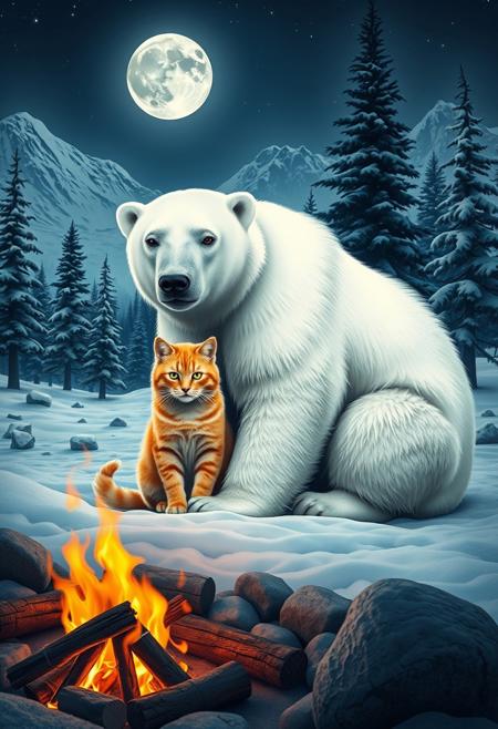 high definition, high detail, photo realistic, 8k, dynamic, digital image of a polar bear and a ginger tabby cat sat by a small campfire at night. The polar bear, with its white fur and large build, is positioned next to the cat  with its bright orange fur and green eyes. The background is a snowy forest clearing with pine trees and mountains with a full moon. The overall colour palette is cool, with blues and whites dominating, contrasting with the warm tones of the cat's fur.
