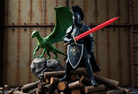 A regal steampunk knight in black armor, wielding a red sword and shield, stands on a pile of logs. A plumed helmet adorns his head. Behind him, a green dragon perches on a rock, wings spread, poised for flight. The backdrop is a rusted industrial metal wall. Cinematic lighting, 4K, ultra detailed, Octane Render, Unreal Engine 5, Matte Painting, trending on Artstation, Golden Ratio.