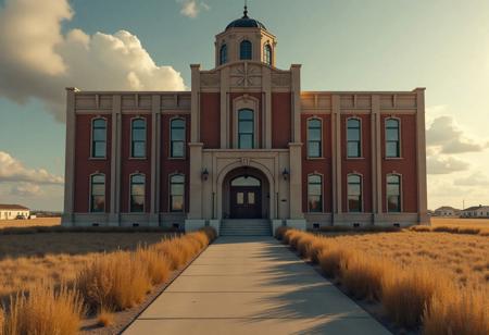 Concept Photo, Art Deco, Westville School Academy Building In Southern North Dakota, sharp focus, digital painting, symmetrical and maximalist, dramatic lighting, cinematic vision, 1929, Grand Theft Auto 5 Style, symmetrical, flawless, perfect text, maximalist, realistic skin texture, intricately detailed, refined, defined, highly detailed, follow negative prompts,